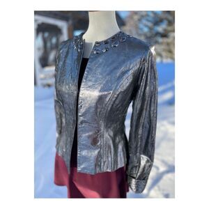 Isabel Silver Metallic Italian Leather Bomber Jacket Cobochon Studded Sz M